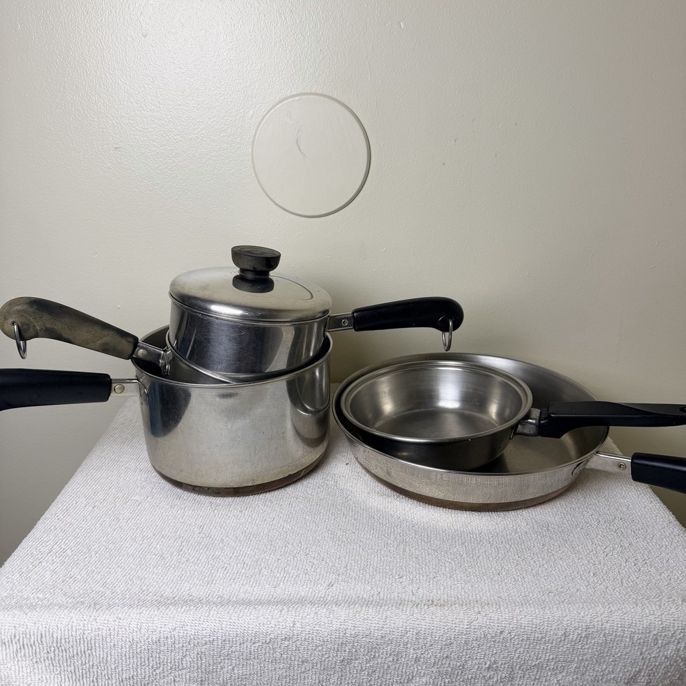 Vintage Revere Ware Copper Bottom 3 Pc Set I Pc Silver Bottom 1 Pc Flint Steel